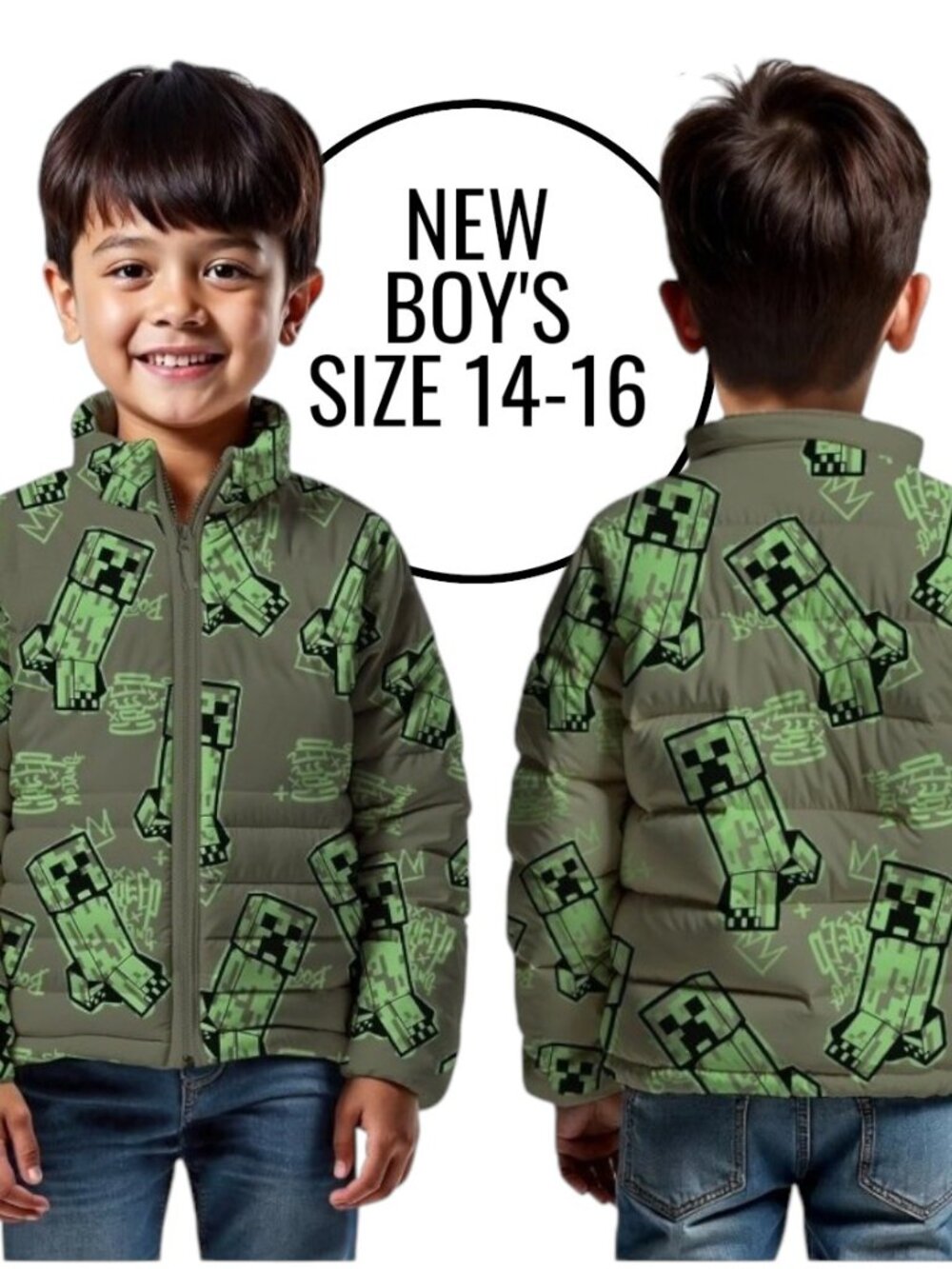 NEW Minecraft Boys Creeper Zip Puffer Jacket Lightweight Size 14 Zippered Size: